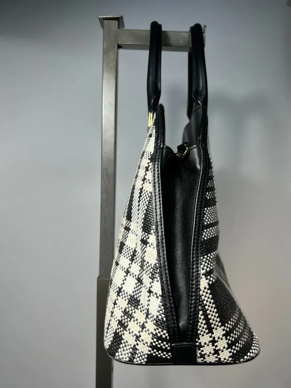 TORY‎ BURCH Robinson Woven Plaid Open Dome Satchel - Black/Beige/White